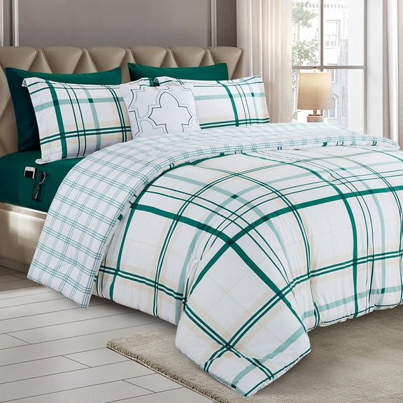 Elegant Comfort 8-Piece Lodge Plaid Reversible Comforter Set, All-Season Bed in a Bag - Includes Sheet Set with Smart Pockets, Matching Shams & Decorative Pillow, Full/Queen, Emerald Green