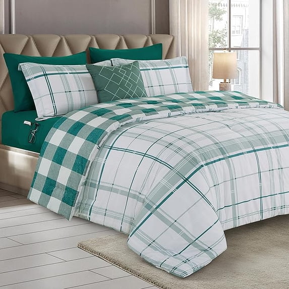 Elegant Comfort 8-Piece Lodge Plaid Reversible Comforter Set - All Season Bed in a Bag, 4-Piece Sheet Set Featuring Smart Pockets, Matching Shams and Decorative Pillow, Twin/Twin XL, Sage