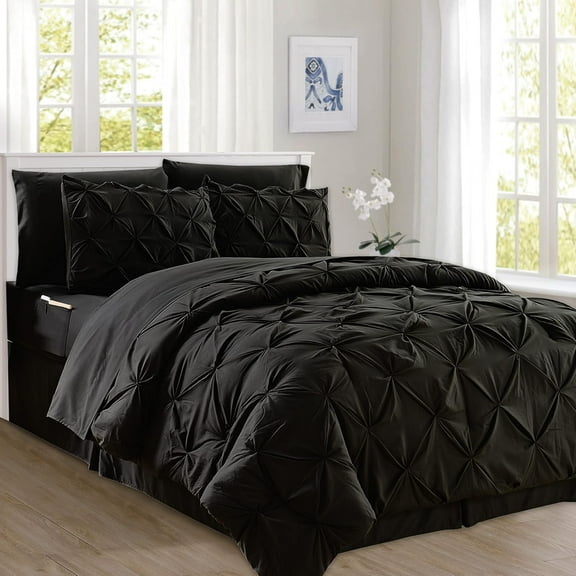 Elegant Comfort 8-Piece Pinch Pleated Comforter Set - All Season Bed in a Bag, Includes Smart Sheet Set, Bed Skirt, Comforter, Pillowcases & Shams, Full/Queen, Black