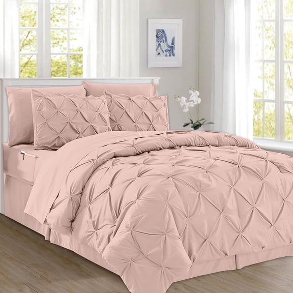 Elegant Comfort 8-Piece Pinch Pleated Comforter Set - All Season Bed in a Bag, Includes Smart Sheet Set, Bed Skirt, Comforter, Pillowcases & Shams, Full/Queen, Blush Pink