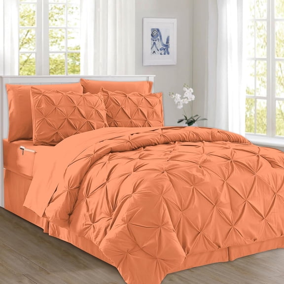 Elegant Comfort 8-Piece Pinch Pleated Comforter Set - All Season Bed in a Bag, Includes Smart Sheet Set, Bed Skirt, Comforter, Pillowcases & Shams, Full/Queen, Coral
