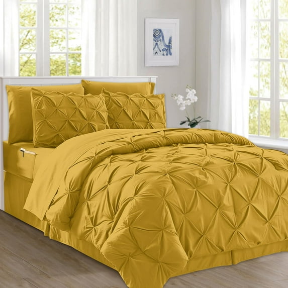 Elegant Comfort 8-Piece Pinch Pleated Comforter Set - All Season Bed in a Bag, Includes Smart Sheet Set, Bed Skirt, Comforter, Pillowcases & Shams, Full/Queen, Mustard Yellow