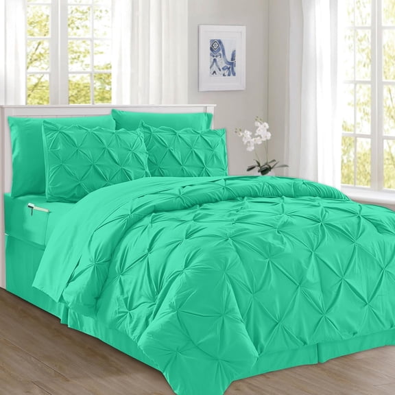 Elegant Comfort 8-Piece Pinch Pleated Comforter Set - All Season Bed in a Bag, Includes Smart Sheet Set, Bed Skirt, Comforter, Pillowcases & Shams, Full/Queen, Paradise Teal