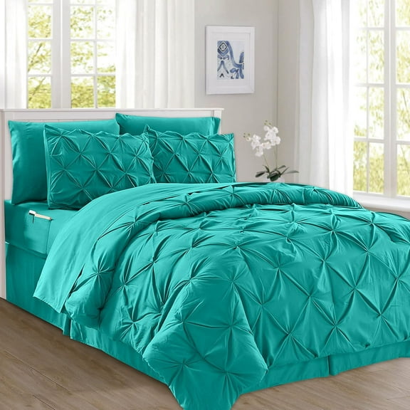 Elegant Comfort Microfiber Pintuck Comforter Set, 8-Piece Bedding, Full/Queen, Teal