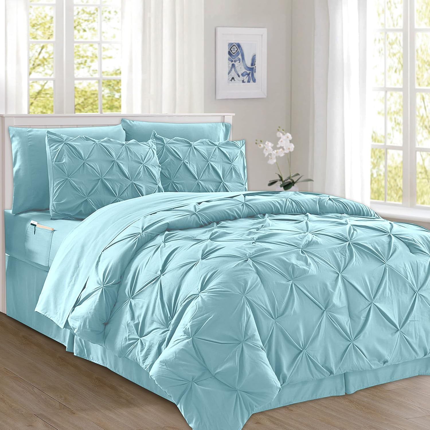 Elegant Comfort 8-Piece Pinch Pleated Comforter Set - All Season Bed in a Bag, Includes Smart Sheet Set, Bed Skirt, Comforter, Pillowcases & Shams, King/Cal King, Sky Blue