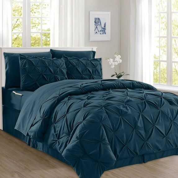 Elegant Comfort 8-Piece Pinch Pleated Comforter Set - All Season Bed in a Bag, Includes Smart Sheet Set, Bed Skirt, Comforter, Pillowcases & Shams, Twin/Twin XL, Sapphire Blue