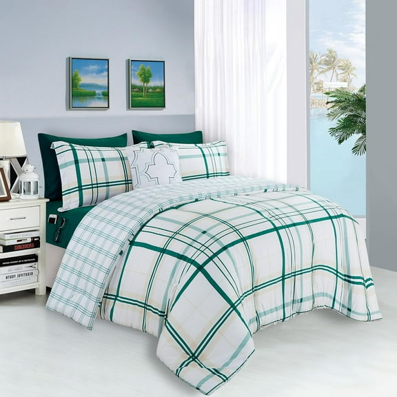 Elegant Comfort 8-Piece Plaid Lodge Bed-in-a-Bag Comforter Set, Includes Comforter, Smart Sheet Set, Decorative Pillow, Pillowcases, and Shams - Full/Queen, Emerald Green