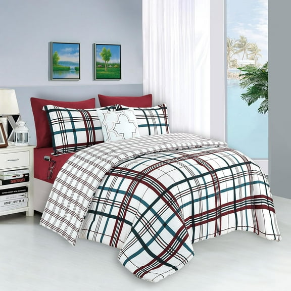 Elegant Comfort 8-Piece Plaid Lodge Bed-in-a-Bag Comforter Set, Includes Comforter, Smart Sheet Set, Decorative Pillow, Pillowcases, and Shams - Twin/Twin XL, Burgundy