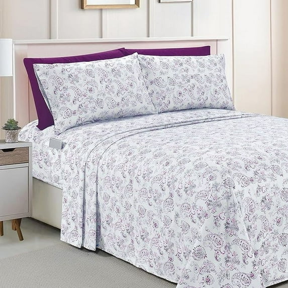 Elegant Comfort Amelia Paisley Printed 6-Piece Sheet Set, Deep Pocket 1500 Series, Fade and Wrinkle Resistant, Fitted sheets with Smart Pockets, Paisley Sheet Set, Full, Purple