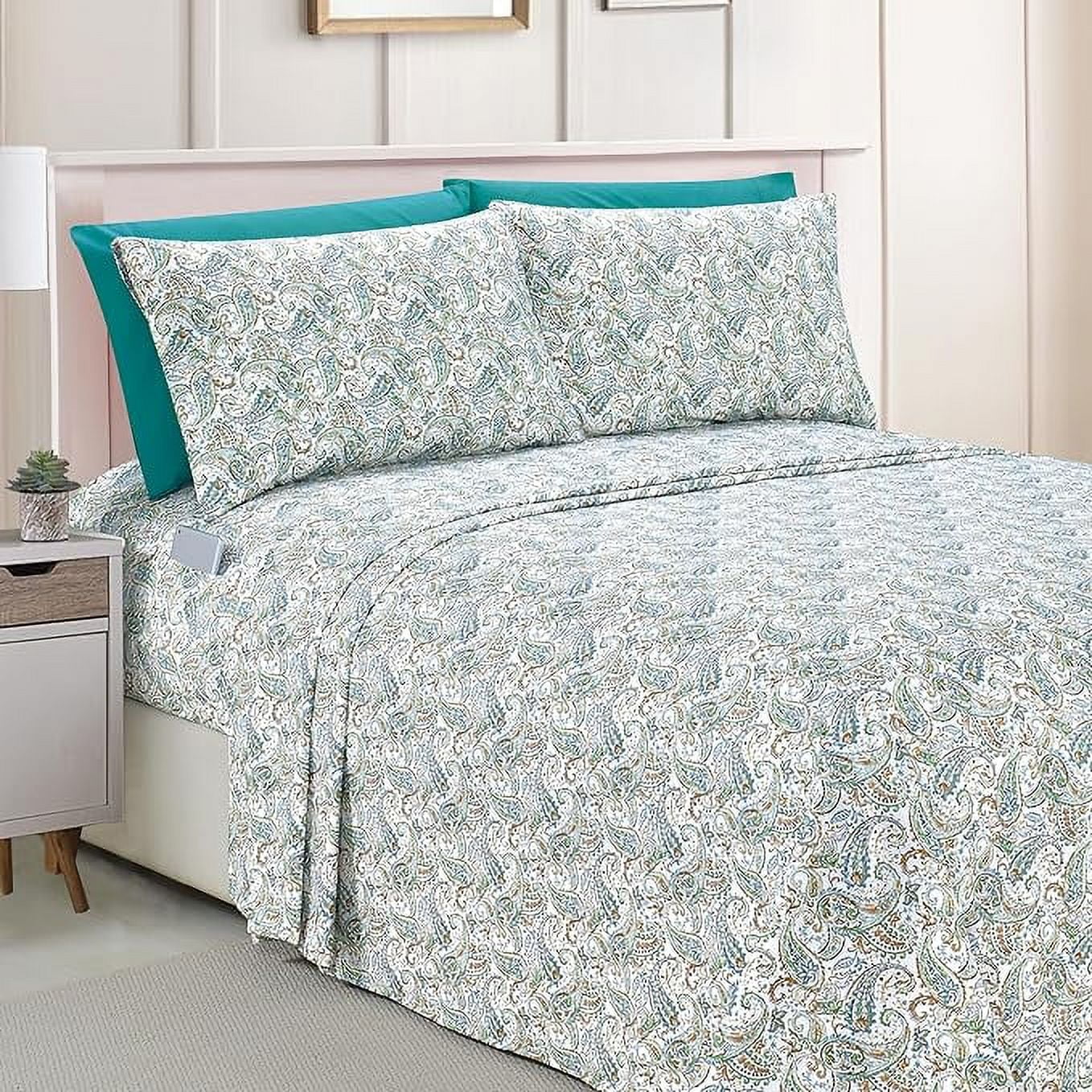 Elegant Comfort Amelia Paisley Printed 6-Piece Sheet Set, Deep Pocket 1500 Series, Fade and Wrinkle Resistant, Fitted sheets with Smart Pockets, Paisley Sheet Set, King, Teal