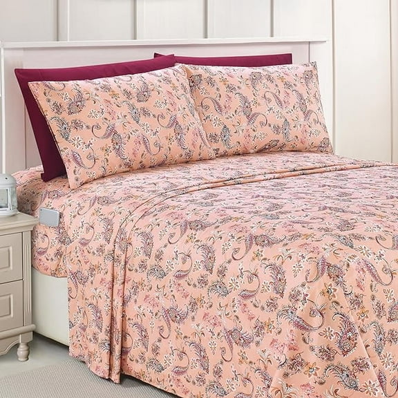 Elegant Comfort Luxury Soft Bed Sheets Paisley Pattern - 1500 Series Microfiber Softness Wrinkle and Fade Resistant (6-Piece) Bedding Set, King, Paisley Coral