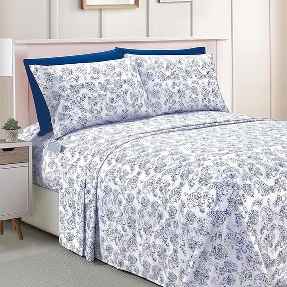 Elegant Comfort Amelia Paisley Printed 6-Piece Sheet Set, Deep Pocket 1500 Series, Fade and Wrinkle Resistant, Fitted sheets with Smart Pockets, Paisley Sheet Set, King, Midnight Blue