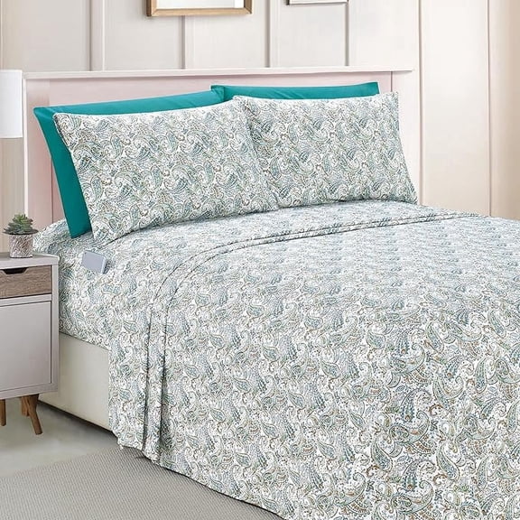 Elegant Comfort Amelia Paisley Printed 6-Piece Sheet Set, Deep Pocket 1500 Series, Fade and Wrinkle Resistant, Fitted sheets with Smart Pockets, Paisley Sheet Set, King, Teal
