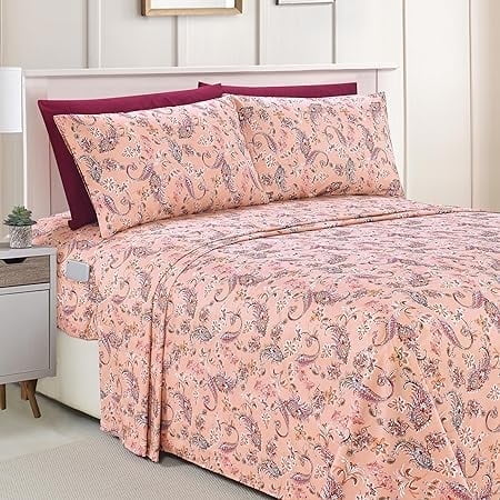 Elegant Comfort Amelia Paisley Printed 6-Piece Sheet Set, Deep Pocket, Fade and Wrinkle Resistant, Fitted sheets with Smart Pockets, Queen, Coral