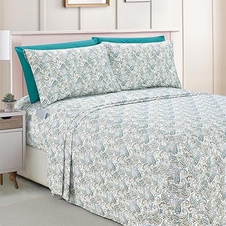 Elegant Comfort Amelia Paisley Printed 6-Piece Sheet Set, Deep Pocket, Fade and Wrinkle Resistant, F