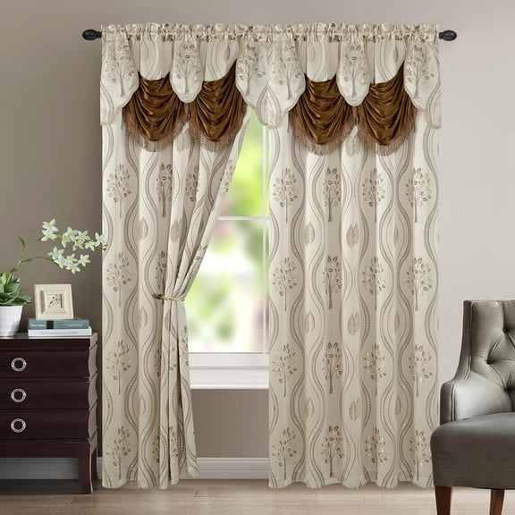 Elegant Comfort Aurora Jacquard Look Curtain Panel Set with Attached Valance 54" X 84 inch (Set of 2), Beige