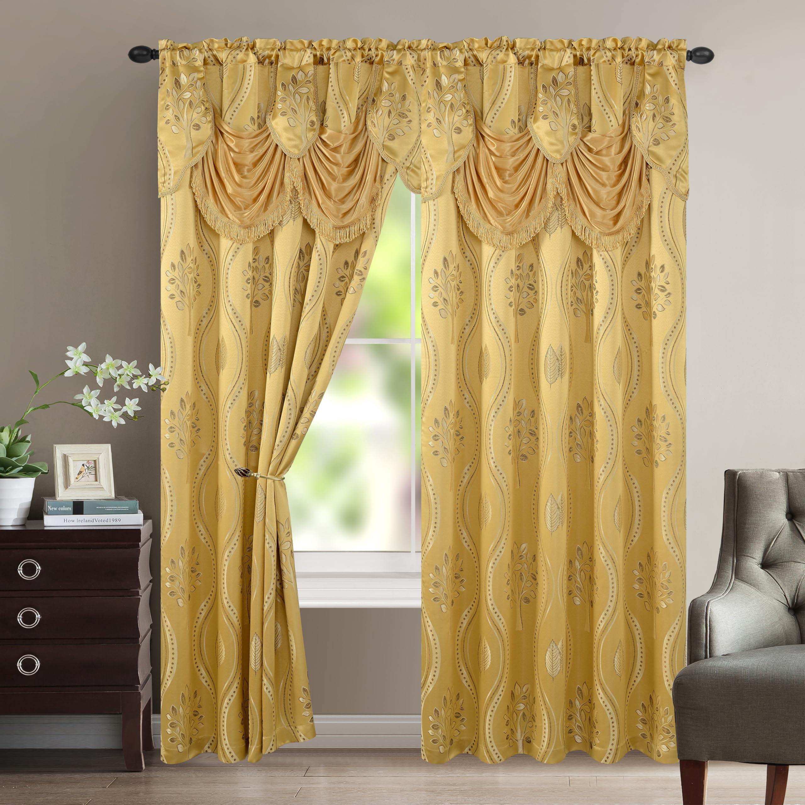 Gold Jacquard Sheer Pleated Rod Pocket Curtain Panel Set