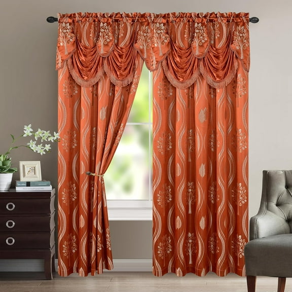 Elegant Comfort Aurora Jacquard Look Curtain Panel Set with Attached Valance 54" X 84 inch (Set of 2), Rusty Red