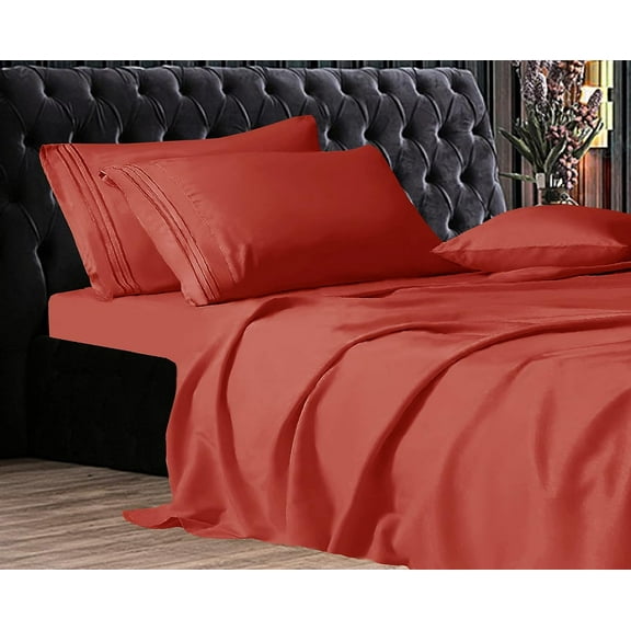 Elegant Comfort 1500 Series Wrinkle & Fade Resistant Ultra Soft 4-Piece Bed Sheet Set with Deep Pockets, California King Orange / Rust