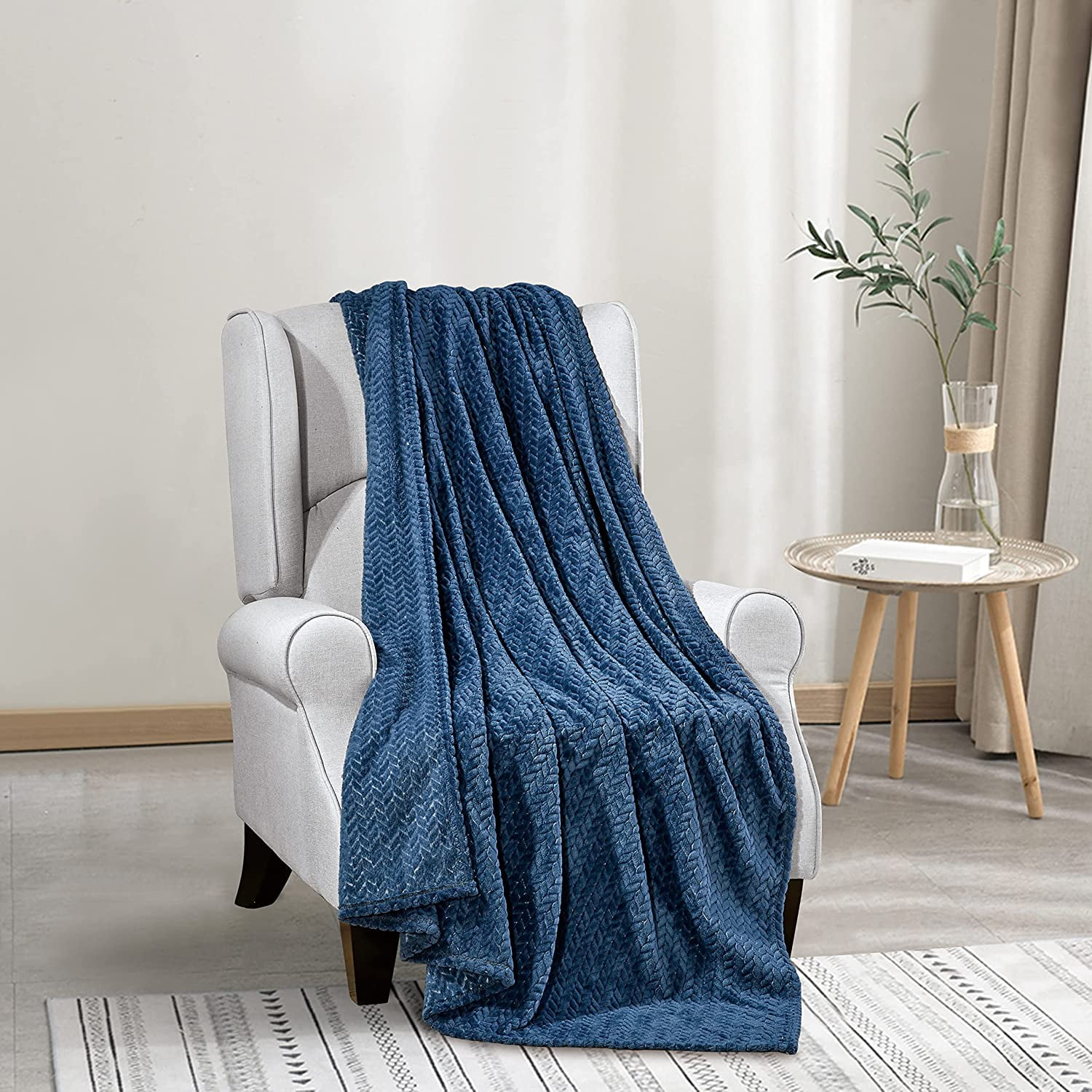 Elegant Comfort Breathable Fleece Throw Blanket, 50 x 60 inches, Perfect for Lounging and Home Decor, All Season Suitable, Chevron Throw, Navy