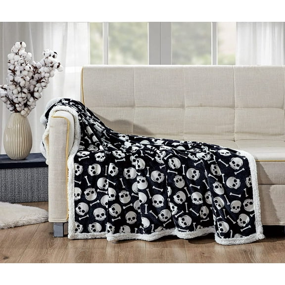 Elegant Comfort Breathable Sherpa Throw Blanket, 50 x 60 inches, Perfect for Lounging and Home Decor, All Season Suitable, Skull & Bones Sherpa Throw