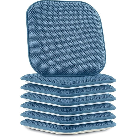 Elegant Comfort Chair Cushion Covers with Ties and Non Skid Rubber Backing-Thick Memory Foam - Soft Cushion Pad- Rounded Square Seat Cover-16 x 16 Inches- Honeycomb Textured Pattern, Set of 6, Blue
