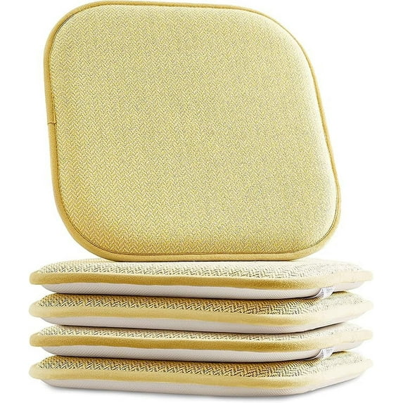Elegant Comfort Chair Cushion Covers with Ties and Non Skid Rubber Backing-Thick Memory Foam - Soft Cushion Pad- Rounded Square Seat Cover- 16 x 16 Inches - Set of 4 Chevron Textured Pattern, Yellow