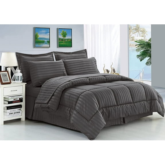 Elegant Comfort Classic 8-Piece Grey Stripe Comfort Bed-in-a-Bag, King