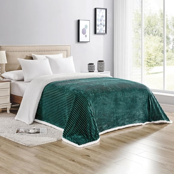 Elegant Comfort Corduroy Sherpa Reversible Blanket, Medium Weight, Micro-Suede, Corduroy Striped Pattern, King, Teal