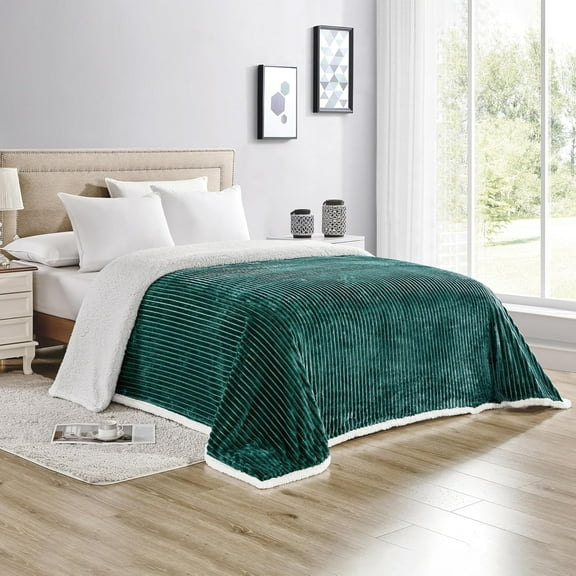 Elegant Comfort Corduroy Sherpa Reversible Blanket, Medium Weight, Micro-Suede, Corduroy Striped Pattern, King, Teal