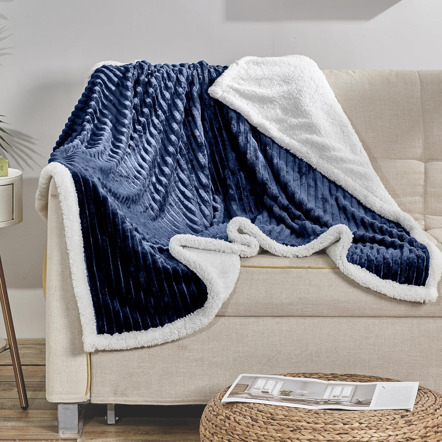 Navy Corduroy Sherpa Reversible Throw Blanket 50" x 60"