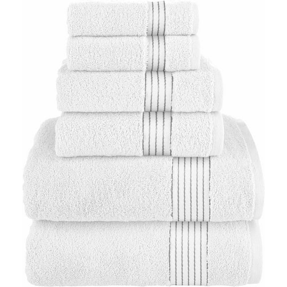 Elegant Comfort Cotton 6-Piece Towel Set, Includes 2 Washcloths, 2 Hand Towels and 2 Bath Towels, 100% Turkish Cotton - Highly Absorbent and Super Soft Towels for Bathroom, White/Gray