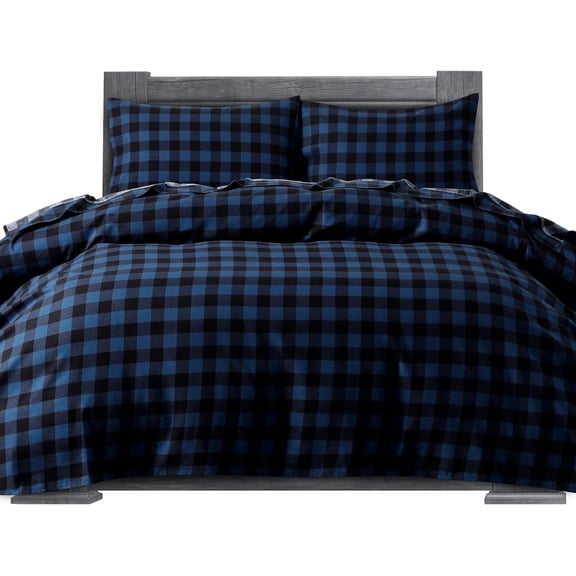 Elegant Comfort Cotton Flannel 4-Piece Fitted Sheet, Full, Buffalo Check Blue