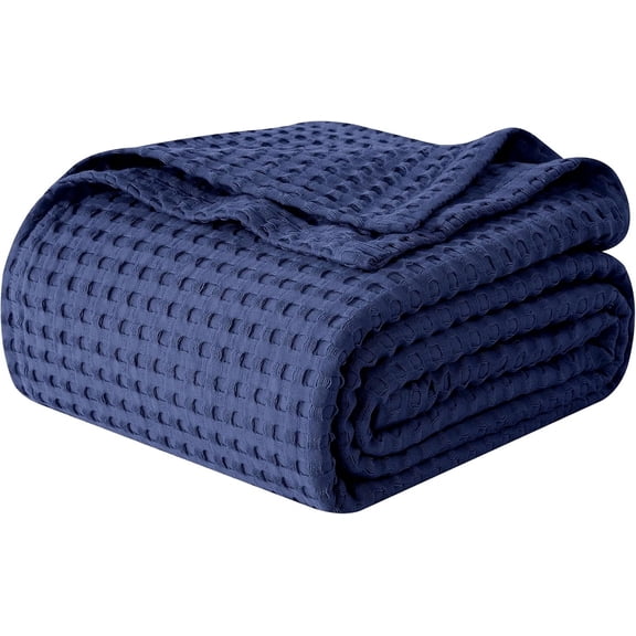 Elegant Comfort Cotton Waffle Blanket, Lightweight All-Season Bed Blanket,King Size 90x108 Inches, Navy Blue