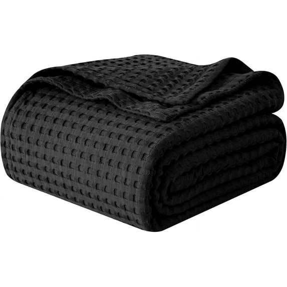 Elegant Comfort Cotton Waffle Blanket, Lightweight All-Season Bed Blanket,Queen Size 90x90 Inches, Black