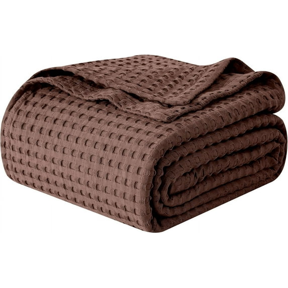 Elegant Comfort Cotton Waffle Blanket, Lightweight All-Season Bed Blanket,Queen Size 90x90 Inches, Brown