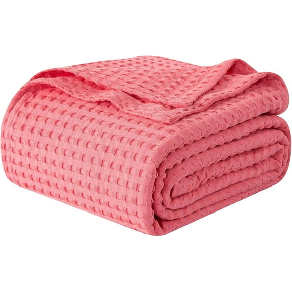 Elegant Comfort Cotton Waffle Blanket, Lightweight All-Season Bed Blanket,Queen Size 90x90 Inches, Coral