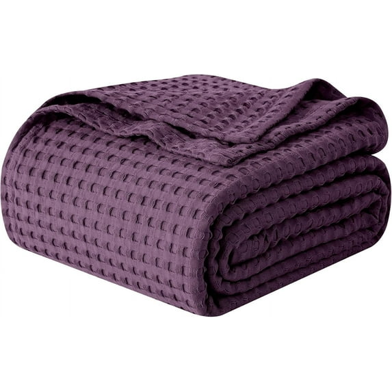 Elegant Comfort Cotton Waffle Blanket, Lightweight All-Season Bed Blanket,Queen Size 90x90 Inches, Purple