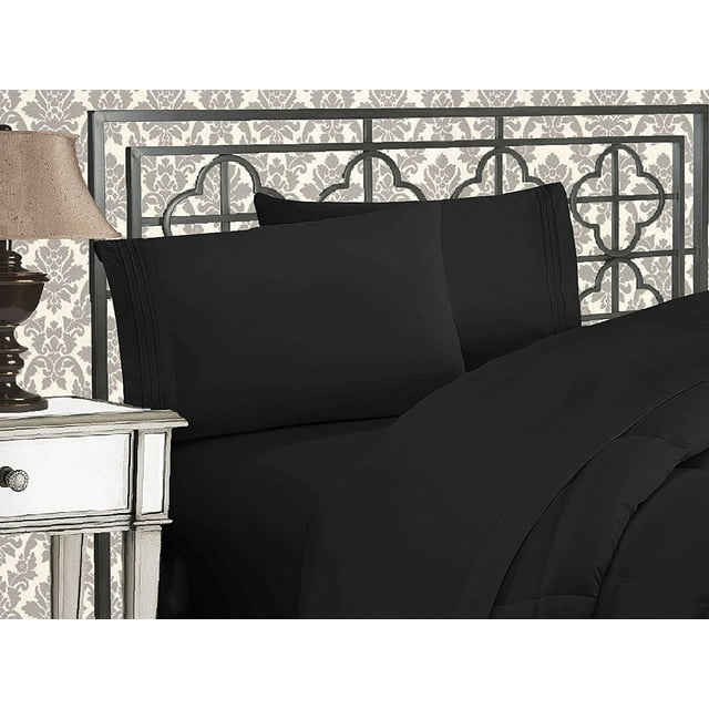 Elegant Comfort Deep Pocket 4-Piece Queen Bed-in-a-Bag Sets, Black Solid Print