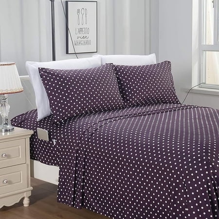 Elegant Comfort Delilah Polkadot 4-Piece Set, Cozy, Fade & Wrinkle Resistant, 1500 Thread Count Deep Pocket Fitted Sheet Featuring Smart Pockets, Polkadot Sheet Set, Twin, Eggplant Purple