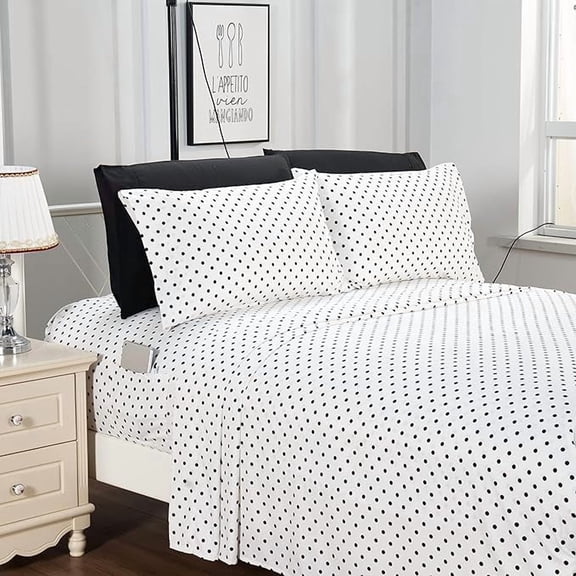 Elegant Comfort Delilah Polkadot 6-Piece Set, Cozy, Fade & Wrinkle Resistant, 1500 Thread Count Deep Pocket Fitted Sheet Featuring Smart Pockets, Polkadot Sheet Set, Full, White
