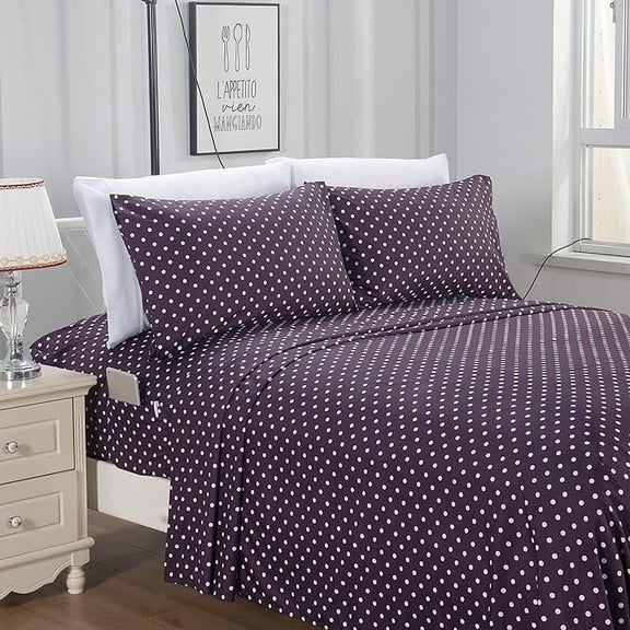 Elegant Comfort Delilah Polkadot 6-Piece Set, Cozy, Fade & Wrinkle Resistant, 1500 Thread Count Deep Pocket Fitted Sheet Featuring Smart Pockets, Polkadot Sheet Set, Queen, Eggplant Purple