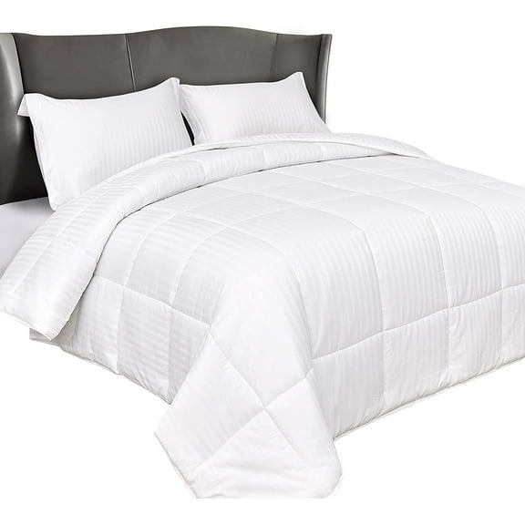Elegant Comfort Egyptian Cotton 3-Piece Stripe Comforter Set, Down Alternative, Box Stitched, Duvet Insert with 4 Corner Tabs, Cal King, White