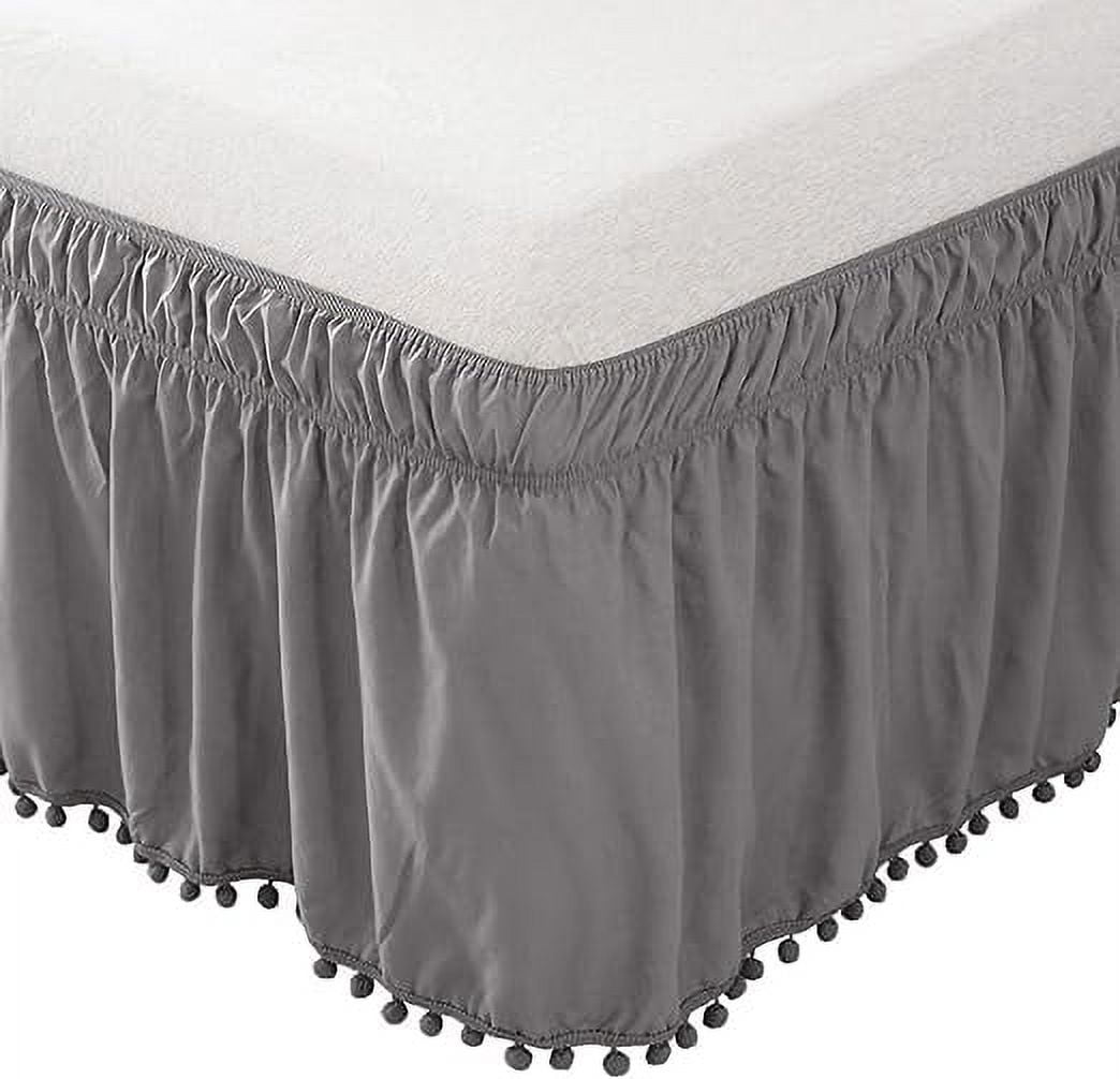 Elegant Comfort Ella Collection 1-Piece Pom-Pom Bed Skirt - 16-Inch Drop, 1500 Thread Count, Easy Wrap Around Elastic, Wrinkle Resistant, Queen/King, Essential Gray