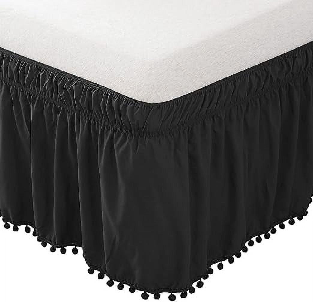Elegant Comfort Ella Collection 1-Piece Pom-Pom Bed Skirt - 16-Inch Drop, 1500 Thread Count, Easy Wrap Around Elastic, Wrinkle Resistant, Twin/Full, Black of Night