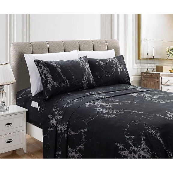 Elegant Comfort Eloise Marble Printed 4-Piece Sheet Set, 1500 Thread Count, Wrinkle Resistant and Super Soft Material, Fitted Sheets with Smart Pockets, Marble Sheet Set, Twin, Onyx Black