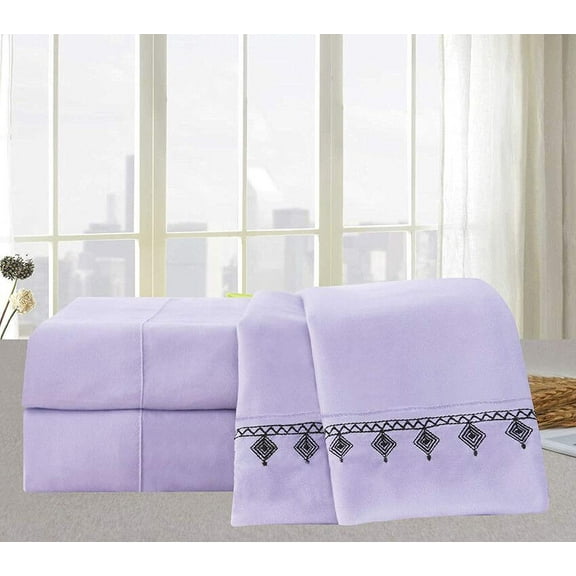 Elegant Comfort Evil-Eye Embroidered Collection 4-Piece Bed Sheet & Pillowcase Set, Soft Double Brushed Microfiber 100% Hypoallergenic, Wrinkle and Fade Resistant Queen Lilac