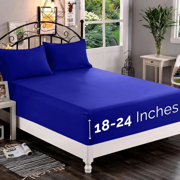 Extra Deep Pocket Fitted Sheet, Fits 18 In to 24 In Mattress, Single Fitted Sheet Only - Queen Royal Blue