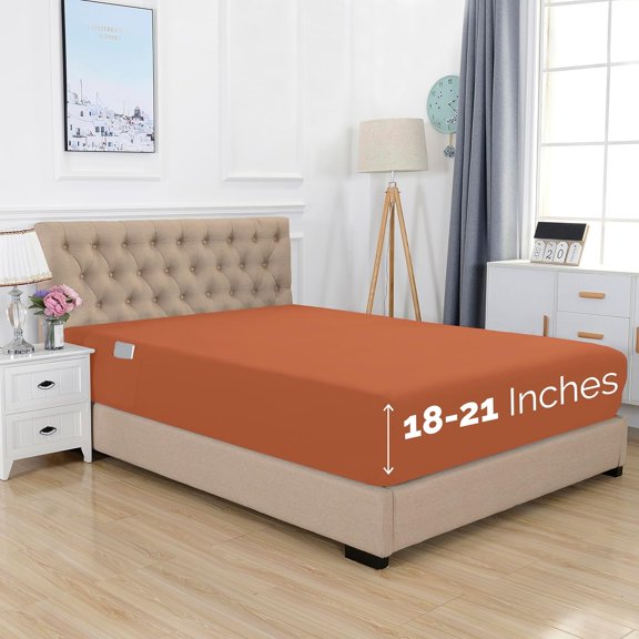 Elegant Comfort Extra Deep Pocket Single Fitted Sheet 18-21 Inch Deep, Wrinkle-Free, Soft, Smart Pocket, Fits High Mattresses, Full, Coral