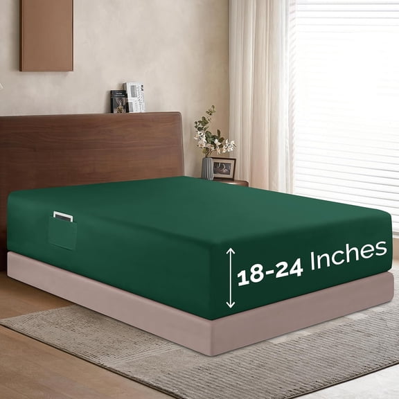 Elegant Comfort Extra Deep Pocket Single Fitted Sheet 18-24 Inch Deep, Wrinkle-Free, Soft, Smart Pocket, Fits High Mattresses, California King, Hunter Green